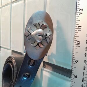 Silver Heart Buckle Black Leather Belt